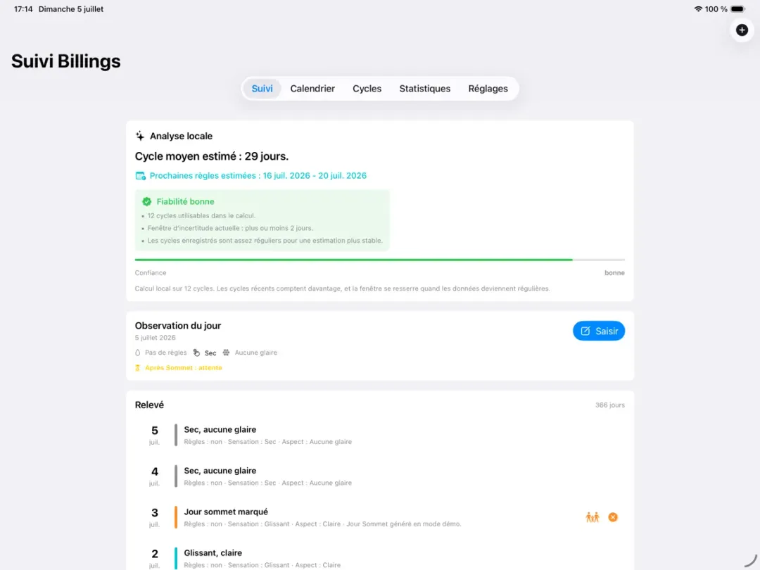 Tableau de bord de SuiviBillings, capture issue de l’App Store