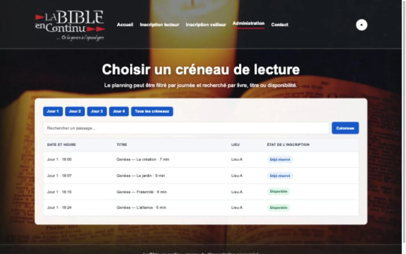 Planning recréé et anonymisé des lectures
